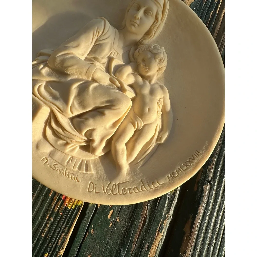 A. Santini Di Volteradici Madonna and Child Alabaster Relief Plate Italy 1978 8
